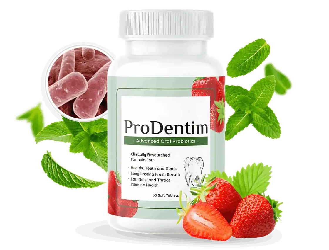 ProDentim product bottle with strawberries and mint leaves